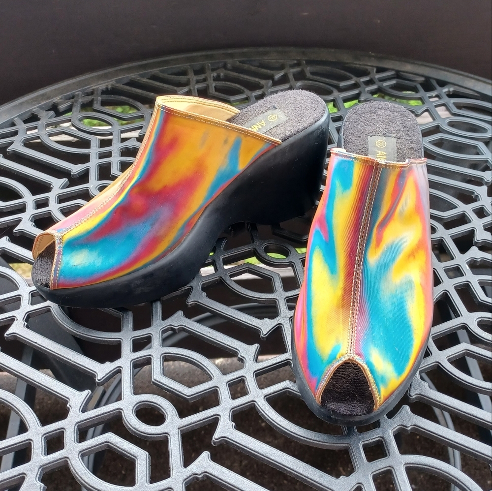 Women's Vintage 90's Anne Michele Holographic Rainbow Wedge Mules